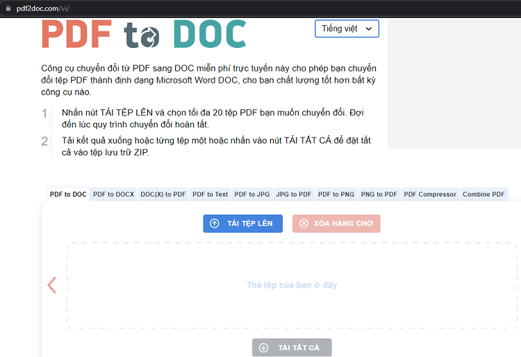 Chọn “PDF to DOC” và tải file PDF cần chuyển đổi lên